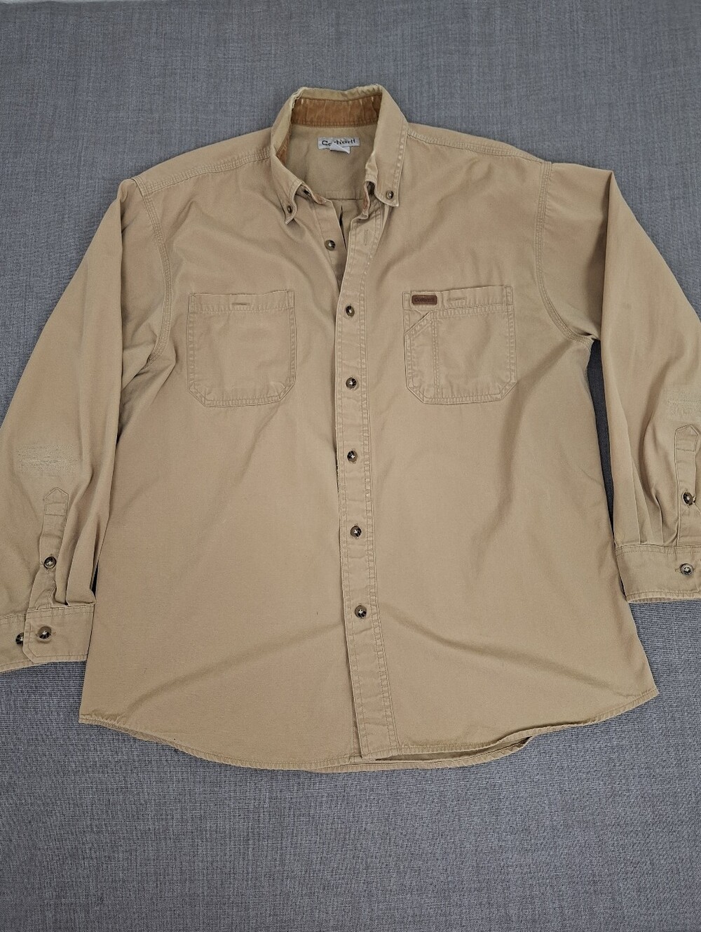 Carhartt Khaki Distressed 100% Cotton Button Down Utility Shirt. XL
